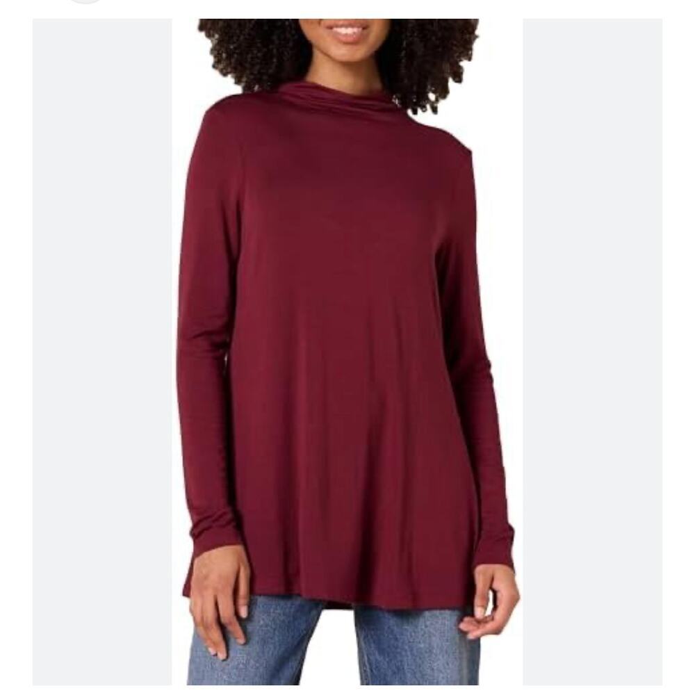 NWT Amazon Essentials Mock Neck Maroon Long Sleeve Top Size XS